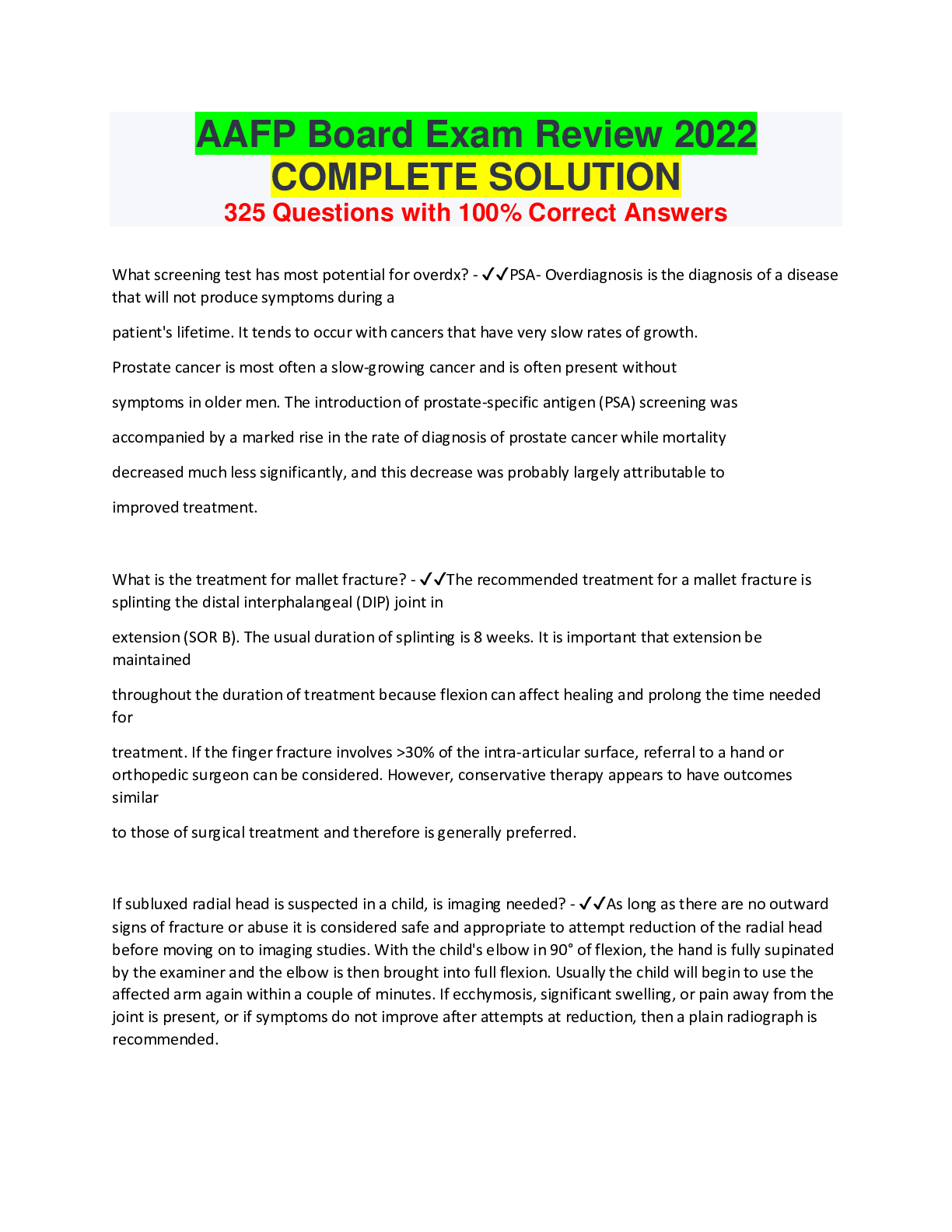 Preview image for AAFP Board Exam Review 2022 COMPLETE SOLUTION 325 Questions with 100% Correct Answers